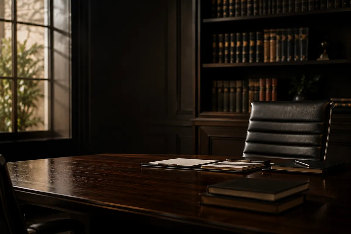 Mesa de reunião de madeira escura com documentos, cadeira de couro e estante de livros jurídicos ao lado de uma janela.