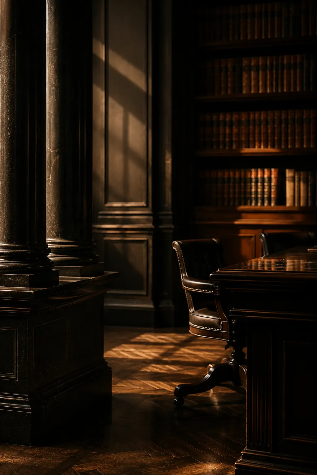 Colunas de mármore e estante de livros jurídicos encadernados em um escritório de advocacia, sob luz lateral da tarde.